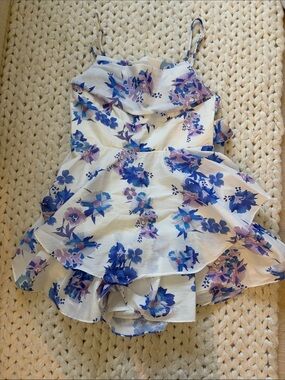 White Floral Tiered Ruffle Mini Dress - Blue & Purple Print